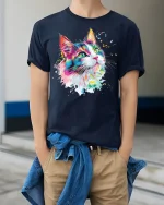 Color Splash Cat Art Tee - Vibrant Painterly Feline Graphic Tshirt - model wearing navy tee with hands in pockets