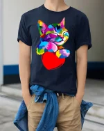 Colorful Cat Hugging Heart Tee - Cute Vibrant Pet Lover Tshirt - model wearing navy tee with hands in pockets