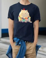 Cute Christmas Fluffy Cat Tee - Adorable Holiday Lights Graphic - model wearing navy tee with hands in pockets