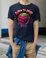 Born to Drip Neon Basketball Tee - Graffiti Style Graphic Tshirt - model wearing navy tee with hands in pockets