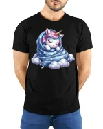 Sleeping Unicorn Wrapped in Stars Tee - Cute Dreamy Graphic Tshirt - model wearing black tee with hands behind back