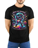 Rock the Universe Astronaut Guitar Tee - Epic Space Graphic Tshirt - model wearing black tee with hands behind back