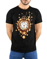 Golden Steampunk Pocket Watch Tee - Elegant Vintage Graphic Tshirt - model wearing black tee with hands behind back