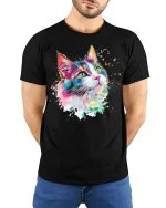 Color Splash Cat Art Tee - Vibrant Painterly Feline Graphic Tshirt - model wearing black tee with hands behind back