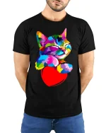 Colorful Cat Hugging Heart Tee - Cute Vibrant Pet Lover Tshirt - model wearing black tee with hands behind back