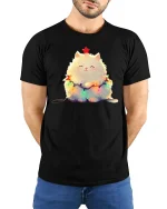 Cute Christmas Fluffy Cat Tee - Adorable Holiday Lights Graphic - model wearing black tee with hands behind back