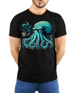 Smoking Octopus Art Tee - Funny Cool Pipe-Loving Sea Graphic Tshirt - model wearing black tee with hands behind back
