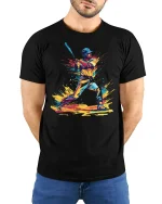Color Splash Baseball Hitter Art Tee - Bold Athletic Graphic Tshirt - model wearing black tee with hands behind back