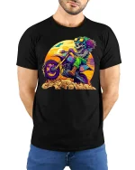 Wild Skeleton Motocross Rider Art Tee - Extreme Graphic Tshirt - model wearing black tee with hands behind back