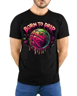 Born to Drip Neon Basketball Tee - Graffiti Style Graphic Tshirt - model wearing black tee with hands behind back