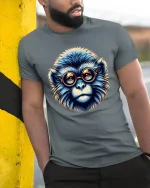 Geeky Blue Monkey Art Tee with Retro Glasses - model wearing grey tee, leaning on column
