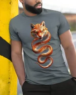 Tiger Serpent Hybrid Art Tee - Fierce Wild Animal Graphic Tshirt - model wearing grey tee, leaning on column