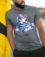 Sleeping Unicorn Wrapped in Stars Tee - Cute Dreamy Graphic Tshirt - model wearing grey tee, leaning on column