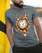 Golden Steampunk Pocket Watch Tee - Elegant Vintage Graphic Tshirt - model wearing grey tee, leaning on column