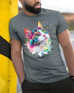 Color Splash Cat Art Tee - Vibrant Painterly Feline Graphic Tshirt - model wearing grey tee, leaning on column
