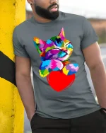 Colorful Cat Hugging Heart Tee - Cute Vibrant Pet Lover Tshirt - model wearing grey tee, leaning on column