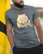 Cute Christmas Fluffy Cat Tee - Adorable Holiday Lights Graphic - model wearing grey tee, leaning on column