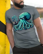 Smoking Octopus Art Tee - Funny Cool Pipe-Loving Sea Graphic Tshirt - model wearing grey tee, leaning on column