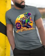 Wild Skeleton Motocross Rider Art Tee - Extreme Graphic Tshirt - model wearing grey tee, leaning on column