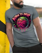 Born to Drip Neon Basketball Tee - Graffiti Style Graphic Tshirt - model wearing grey tee, leaning on column