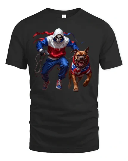 Skull Runner T-Shirt with American Pitbull Art Tee - black t-shirt on white background