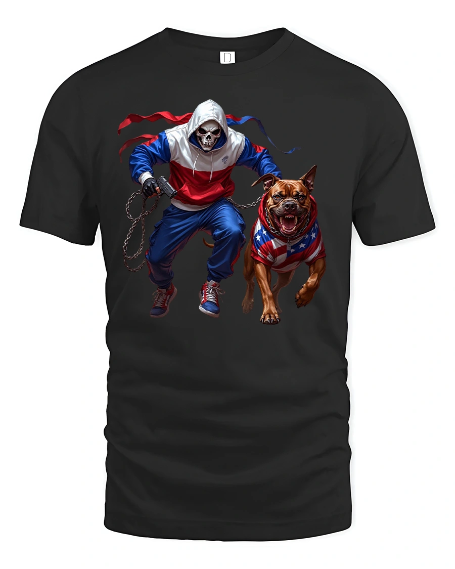 Skull Runner T-Shirt with American Pitbull Art Tee - 1 Skull Runner T-Shirt with American Pitbull Art Tee - black t-shirt on white background