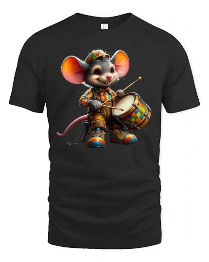Cute Drummer Mouse T-Shirt Funny Music Lover Tee - black t-shirt on white background