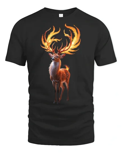 Flaming Antler Deer T-Shirt Majestic Forest Spirit Tee - black t-shirt on white background
