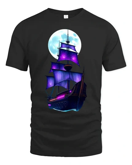 Galaxy Pirate Ship T-Shirt Cosmic Sailing Adventure Tee - black t-shirt on white background