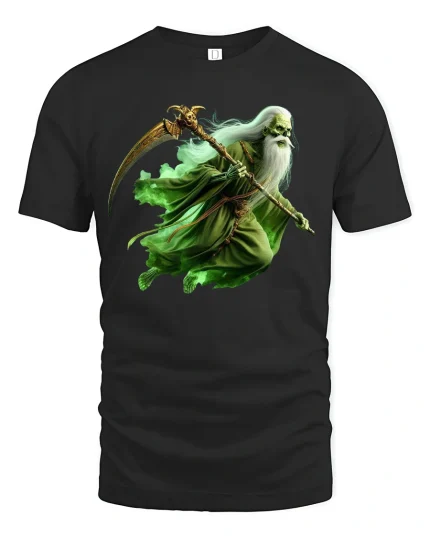 Green Reaper T-Shirt Dark Fantasy Warrior Graphic Tee - black t-shirt on white background