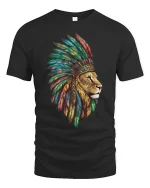 Lion Spirit T-Shirt Majestic Warrior Feather Art Tee - black t-shirt on white background