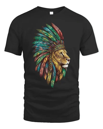 Lion Spirit T-Shirt Majestic Warrior Feather Art Tee - black t-shirt on white background