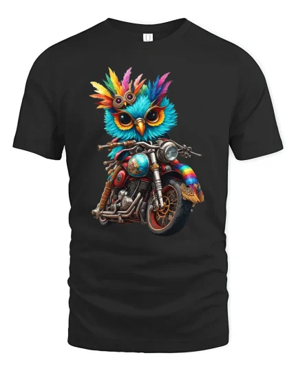 Biker Owl T-Shirt Cool Motorcycle Bird Graphic Tee - black t-shirt on white background