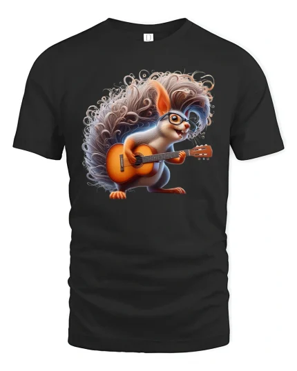 Rockin’ Squirrel T-Shirt Funny Guitar Music Lover Tee - black t-shirt on white background