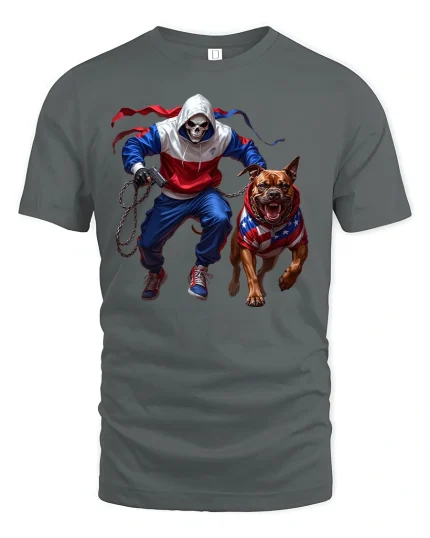 Skull Runner T-Shirt with American Pitbull Art Tee - gray t-shirt on white background