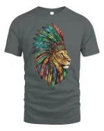 Lion Spirit T-Shirt Majestic Warrior Feather Art Tee - gray t-shirt on white background