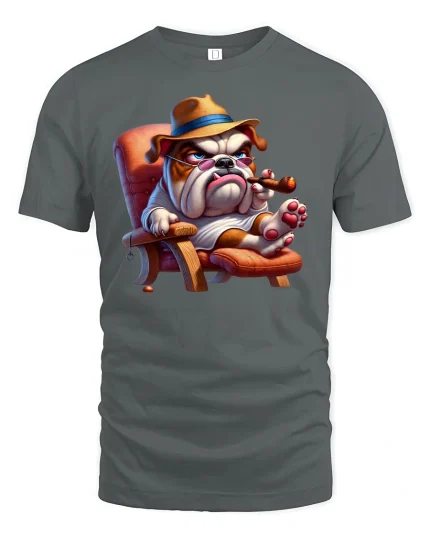 Cool Bulldog T-Shirt Funny Dog Smoking Cigar Tee - gray t-shirt on white background
