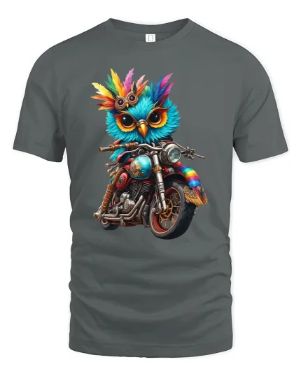 Biker Owl T-Shirt Cool Motorcycle Bird Graphic Tee - gray t-shirt on white background