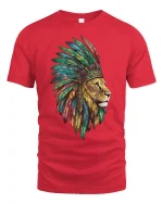 Lion Spirit T-Shirt Majestic Warrior Feather Art Tee - red t-shirt on white background