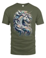 Majestic Unicorn T-Shirt Beautiful Fantasy Art Tee - military green t-shirt on white background