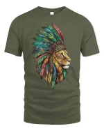 Lion Spirit T-Shirt Majestic Warrior Feather Art Tee - military green t-shirt on white background