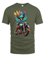 Biker Owl T-Shirt Cool Motorcycle Bird Graphic Tee - military green t-shirt on white background