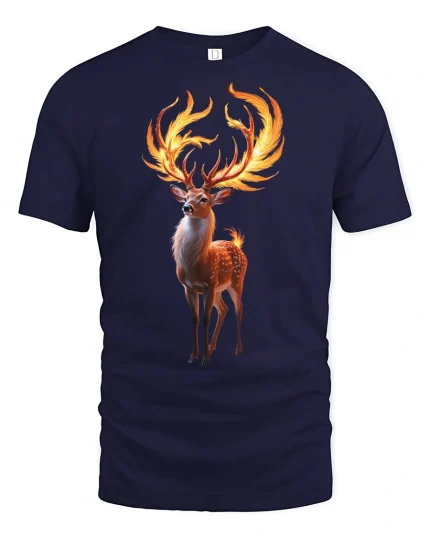 Flaming Antler Deer T-Shirt Majestic Forest Spirit Tee - navy t-shirt on white background
