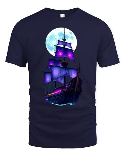 Galaxy Pirate Ship T-Shirt Cosmic Sailing Adventure Tee - navy t-shirt on white background