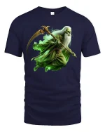 Green Reaper T-Shirt Dark Fantasy Warrior Graphic Tee - navy t-shirt on white background