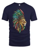 Lion Spirit T-Shirt Majestic Warrior Feather Art Tee - navy t-shirt on white background