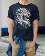 Majestic Unicorn T-Shirt Beautiful Fantasy Art Tee - model wearing navy tee with hands in pockets
