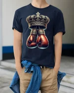 King of the Ring T-Shirt Boxing Gloves Crown Tee - model wearing navy tee with hands in pockets