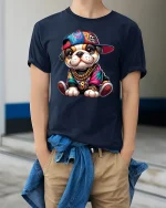 Hip Hop Bulldog T-Shirt Cool Street Style Dog Tee - model wearing navy tee with hands in pockets