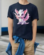 Cute Baby Dragon T-Shirt Adorable Fantasy Art Tee - model wearing navy tee with hands in pockets
